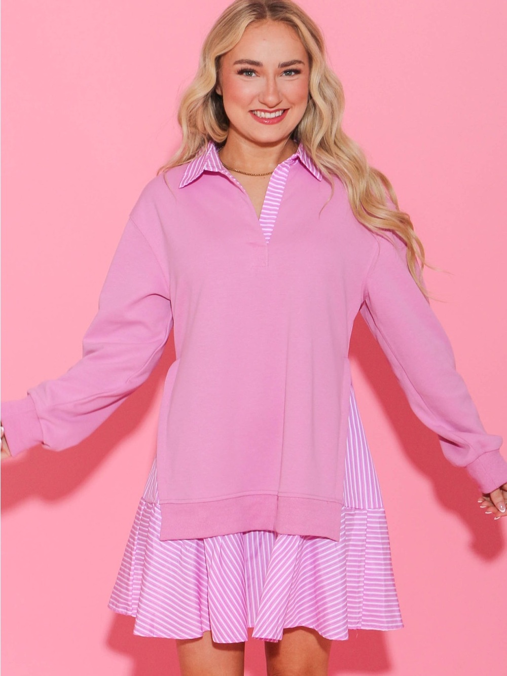 Entro SOLID LONG SLEEVE TWOFER MINI DRESS IN PINK